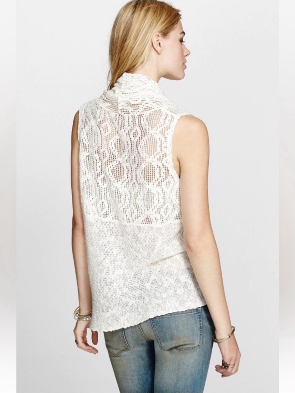 Free People Ivory Sleeveless Mesh Net Cowl Neck Pullover Shirt Women Size Large